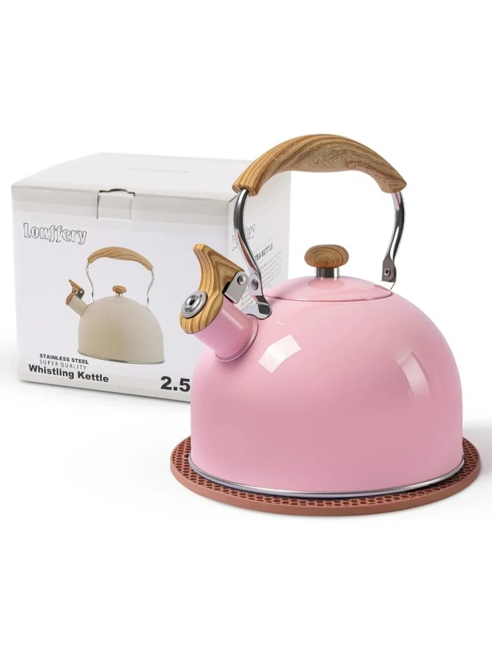 Pink Kitchen Whistling Tea Kettle 2.5 Quart Stainless Steel Wood Folding Handle